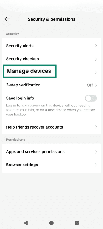 The TikTok Security & permissions page, emphasizing the Manage devices tab.