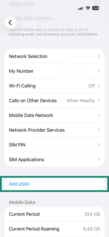 iOS' Cellular settings, with the "add eSIM" option highlighted.