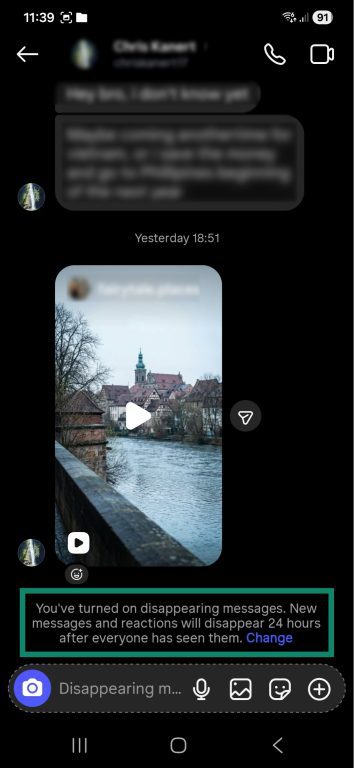 Instagram screenshot highlighting the message confirming that disappearing messaging are on.