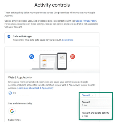 Activity controls page for Web & App Activity with the dropdown menu for turning it off highlighted.