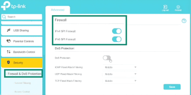 Toggle to enable IPv4 SPI firewall inside a TP-Link router's settings.