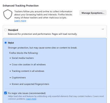 Firefox Enhanced Tracking Protection set to Strict.