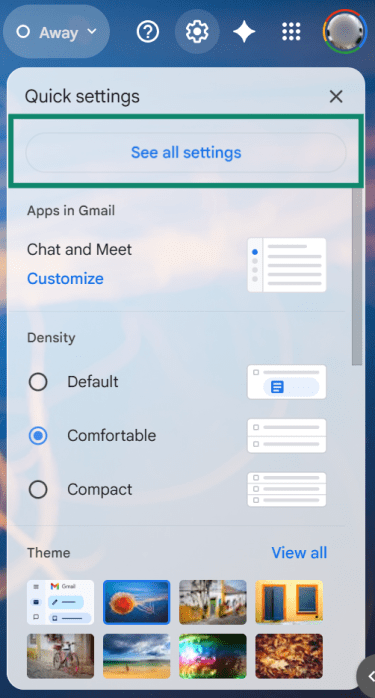 Gmail quick settings panel with See all settings highlighted.