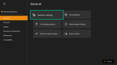 The general tab of the Xbox settings, showing the network settings option.