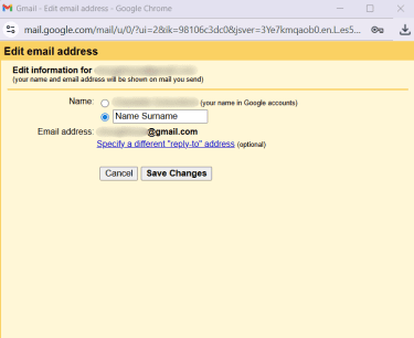 Gmail edit email address window with name field selected