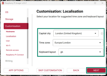 Screenshot showing the localization menu in the Raspberry Pi OS setup.