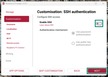 Screenshot showing the SSH selection menu in the Raspberry Pi OS setup.
