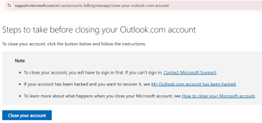 Microsoft support page with the Close your account button.