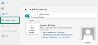 Outlook Account Information page with Open & Export highlighted.