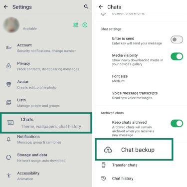 Two side-by-side screenshots showing the steps to find the chat backup option in WhatsApp. The first shows the ‘Chats’ menu selected from Settings. The second shows ‘Chat backup’ selected from the Chats screen.