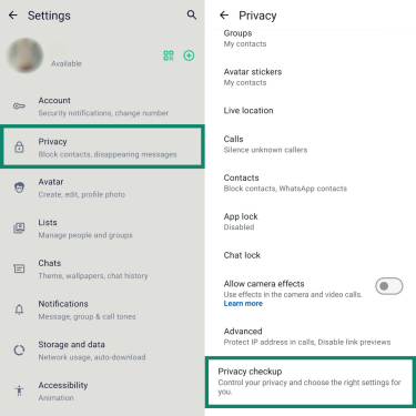 Two side-by-side screenshots showing how to find the Privacy Checkup feature. The first shows the ‘Privacy’ menu selected from Settings. The second shows the ‘Privacy checkup’ option at the bottom of the Privacy screen.