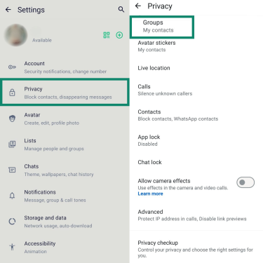 Two side-by-side screenshots showing the path to group privacy settings. The first shows ‘Privacy’ selected from the Settings screen. The second shows ‘Groups’ selected from the Privacy screen.