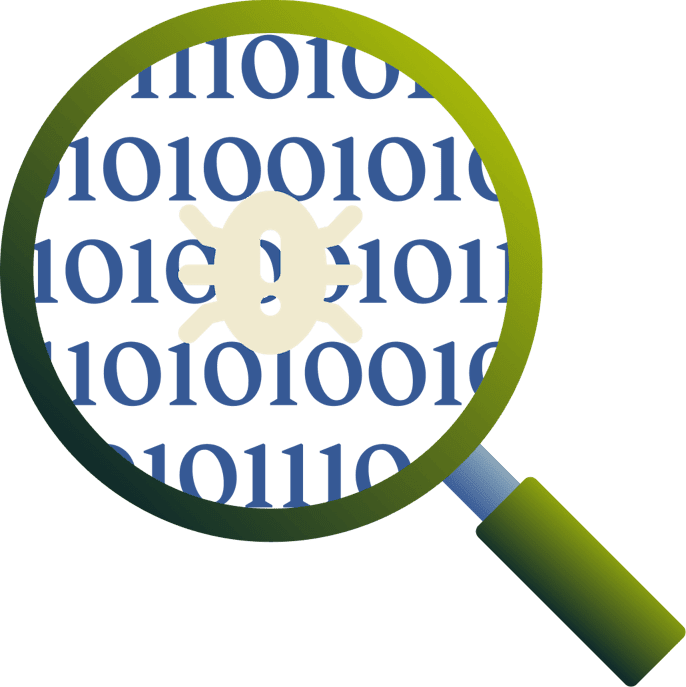 A magnifying glass over a bug and code.