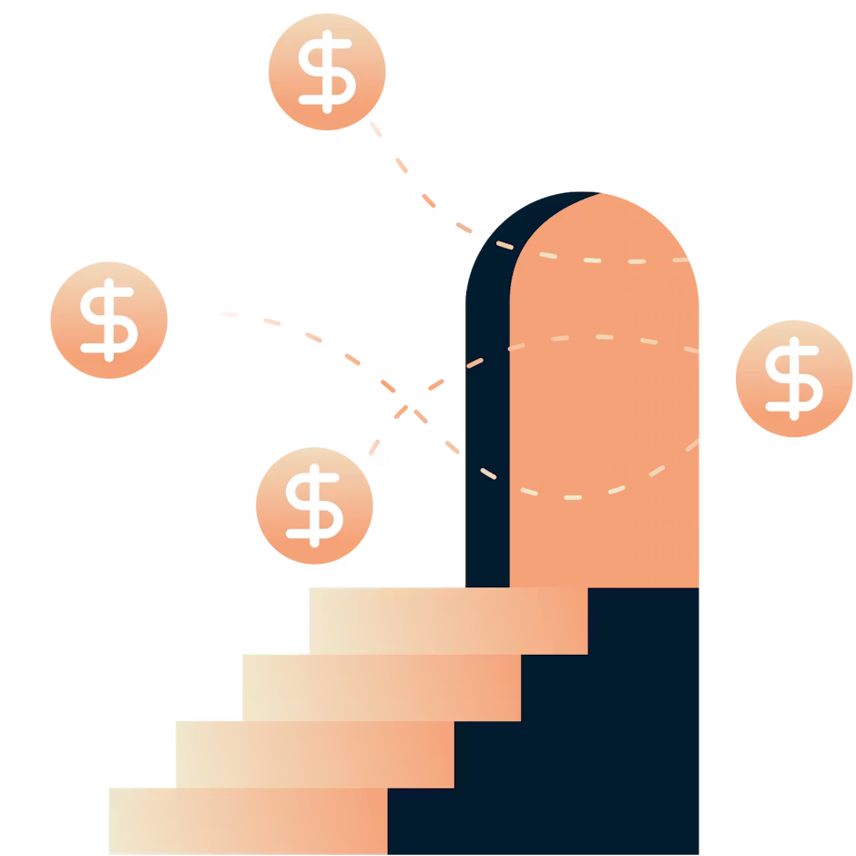 Treppen führen zu einer Tür, aus der Dollarzeichen herauskommen.